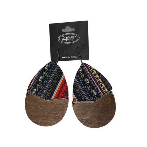 New NWT Wooden Fabric Covered Boho Aztec Dangle Earrings Red Black Colorful - Picture 1 of 5